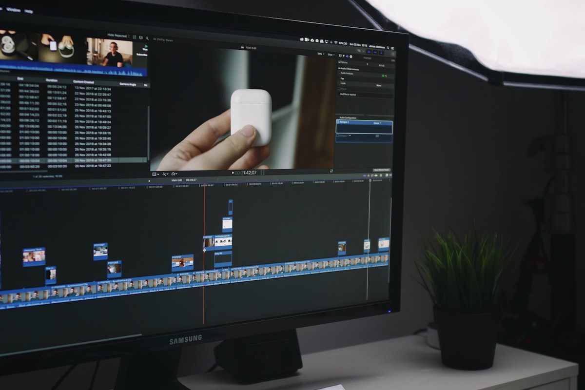 Computer monitor displaying video editing timeline at night with dark studio lighting
