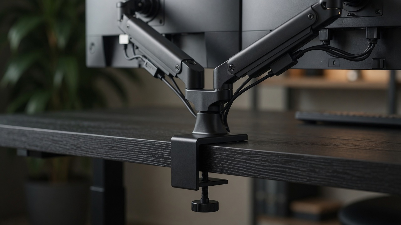 Dual monitor arms mounted on desk rear edge showing depth recovery versus stock monitor stands