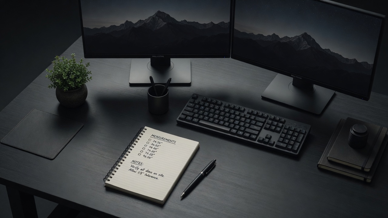 Dual monitor ergonomic setup with tape measure and written measurements on notepad beside keyboard